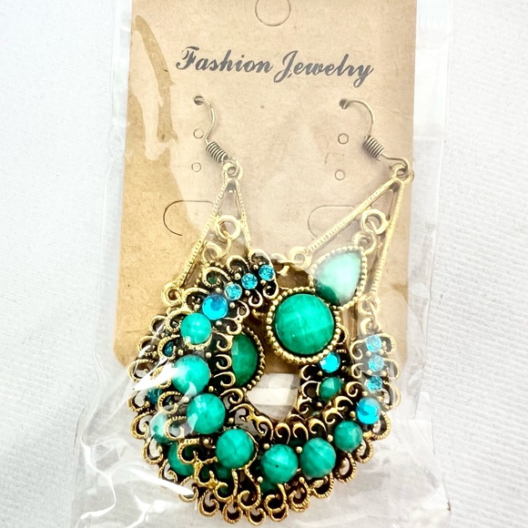 🦕⚜️Turquoise & Gold Antiqued Boho Dangle Drop Hook Earrings ✨NEW!✨ - Picture 3 of 6